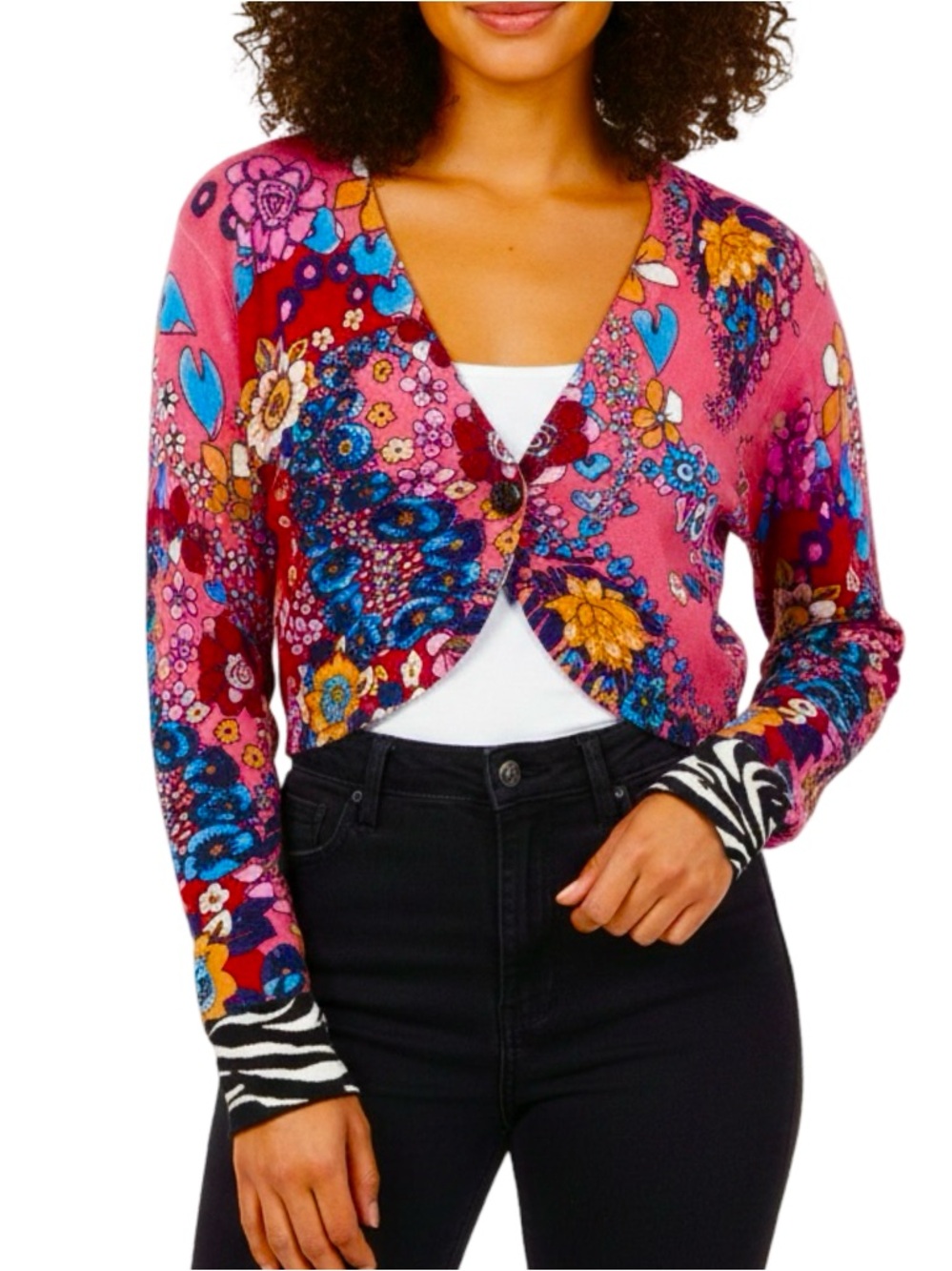 Pink Floral Beaded Colorful Cropped V-Neck Cardigan Sweater